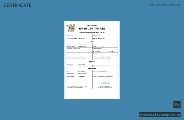 Neuseeländische Geburtsurkunde – Beispielansicht (Word und PDF)